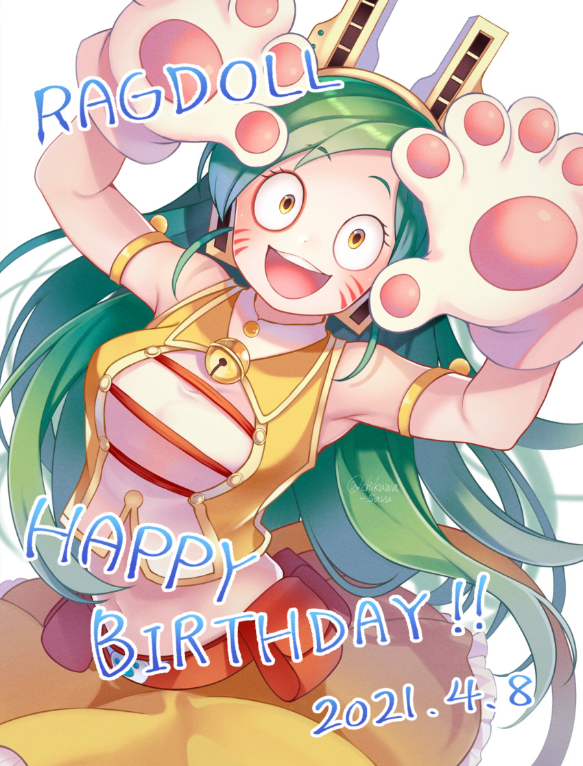 1girl animal_hands armlet armpits bell belt_pouch birthday boku_no_hero_academia buttons character_name chikuwa_savy commentary dated frills gloves green_hair happy_birthday highres jewelry long_hair looking_at_viewer navel open_mouth parted_bangs paw_gloves pouch ragdoll_(boku_no_hero_academia) shirt signature skirt sleeveless sleeveless_shirt small_pupils very_big_eyes very_long_hair white_background yellow_shirt yellow_skirt