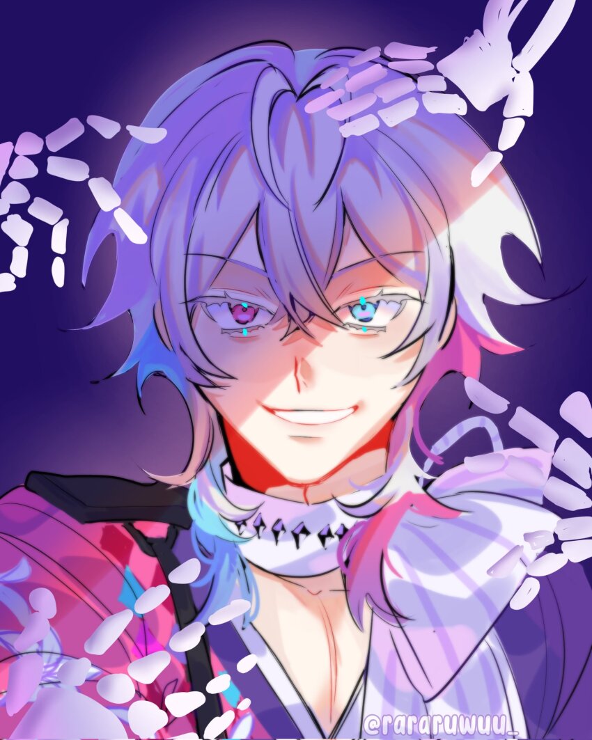 1boy bishounen blue_eyes blue_hair commentary crossed_bangs english_commentary eyelashes gavis_bettel gavis_bettel_(1st_costume) grey_hair grin hair_between_eyes heterochromia highres holostars holostars_english looking_at_viewer male_focus medium_hair multicolored_hair pink_eyes pink_hair portrait purple_background rararuwuu scarf sidelighting skeletal_hand smile solo twitter_username virtual_youtuber white_scarf