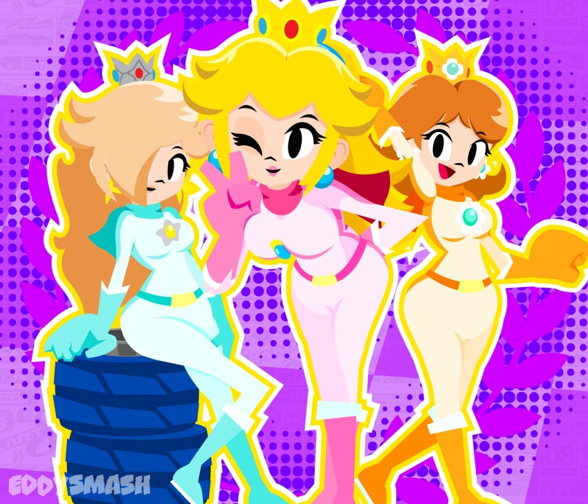 3girls biker_daisy biker_peach biker_rosalina brooch commentary crown eddysmash2407 english_commentary flower_brooch highres jewelry long_hair looking_at_viewer mario_(series) multiple_girls nintendo princess_daisy princess_peach rosalina star_brooch v