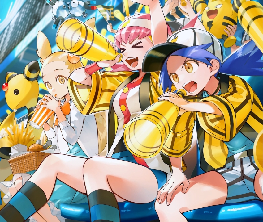 &gt;_&lt; 3girls baseball_cap belt belt_buckle blonde_hair buckle casey_(pokemon) cheering closed_eyes commentary_request cup day disposable_cup drinking drinking_straw elekid eyelashes gen_1_pokemon gen_2_pokemon hairband hat highres jacket jasmine_(pokemon) magneton multiple_girls nintendo open_mouth orange_mikan outdoors pink_hair pokemon pokemon_(anime) pokemon_(classic_anime) pokemon_(creature) pokemon_hgss shirt short_shorts shorts shouting sitting socks striped_clothes striped_socks teeth tongue two_side_up white_hairband whitney_(pokemon) yellow_eyes yellow_jacket