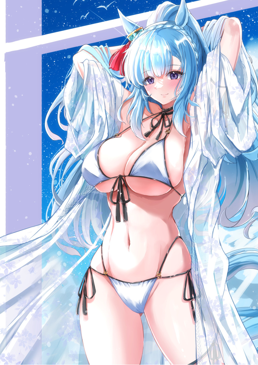 1girl absurdres alternate_costume animal_ears armpits arms_up beach bikini blue_hair blue_sky blush braid breasts cleavage closed_mouth commentary_request cowboy_shot crown_braid day ear_ornament front-tie_bikini_top front-tie_top highres horse_ears horse_girl horse_tail jewelry kentan_(kingtaiki) large_breasts light_blue_hair long_hair looking_at_viewer mejiro_ardan_(umamusume) necklace outdoors purple_eyes side-tie_bikini_bottom sky smile solo swimsuit tail umamusume white_bikini