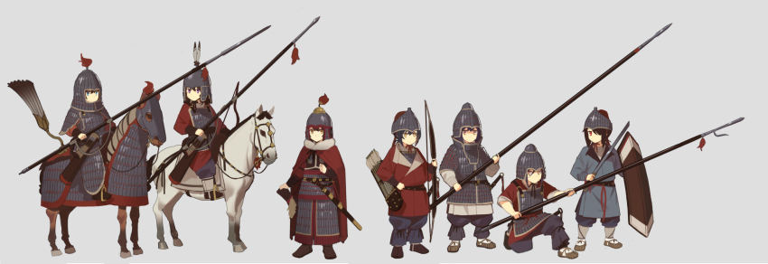 6+girls armor barding bow cape chinese_armor chinese_clothes chinese_empire dao_(weapon) fangdan_runiu full_armor fur-trimmed_cape fur_trim grey_background hanfu helmet highres holding holding_polearm holding_sword holding_weapon horse jian_(weapon) jitome lamellar_armor multiple_girls northern_and_southern_dynasties original polearm qiang_(weapon) quiver saddle_blanket sandals sheath shield shoulder_armor simple_background stirrups_(riding) sword tassel weapon