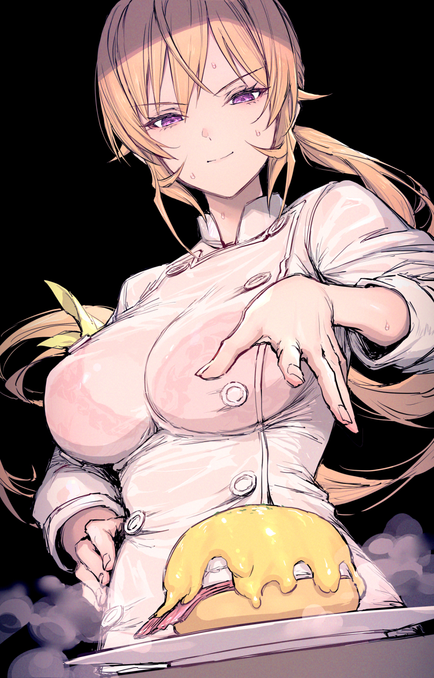 1girl black_background blonde_hair bra_visible_through_clothes breasts chef closed_mouth eggs_benedict food hand_on_own_hip haoni highres large_breasts long_hair looking_at_food looking_down low_ponytail nakiri_erina open_hand plate ponytail purple_eyes shirt shokugeki_no_souma simple_background smile solo steam sweat uniform v-shaped_eyebrows very_long_hair white_shirt