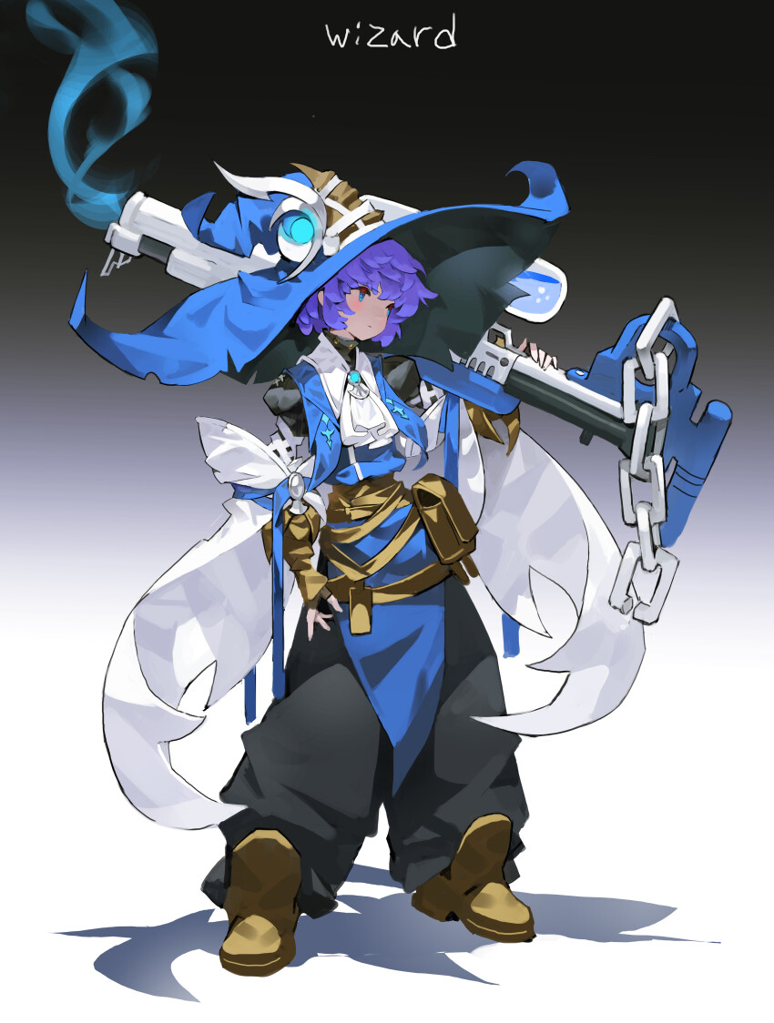 absurdres aqua_gemstone arowana2111 baggy_pants belt belt_pouch black_pants black_shirt blue_eyes blue_hat blue_ribbon blue_tabard boots brown_boots chain colored_smoke commentary dated_commentary detached_sleeves english_text fingerless_gloves full_body gem gloves gradient_background gun hat hat_ornament highres holding holding_gun holding_weapon juliet_sleeves long_sleeves looking_to_the_side multiple_belts neckerchief original over_shoulder oversized_hat pants pouch puffy_sleeves purple_hair ribbon shadow shirt short_hair smoke solo tabard too_many too_many_belts trigger_discipline weapon weapon_over_shoulder white_neckerchief white_sleeves witch_hat