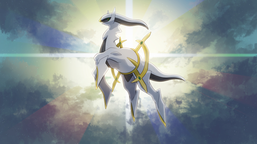 absurdres arceus cloud colored_sclera commentary_request creatures_(company) day emoemon from_below full_body game_freak gen_4_pokemon green_sclera highres legendary_pokemon looking_down mythical_pokemon nintendo outdoors pokemon pokemon_(creature) red_eyes sky
