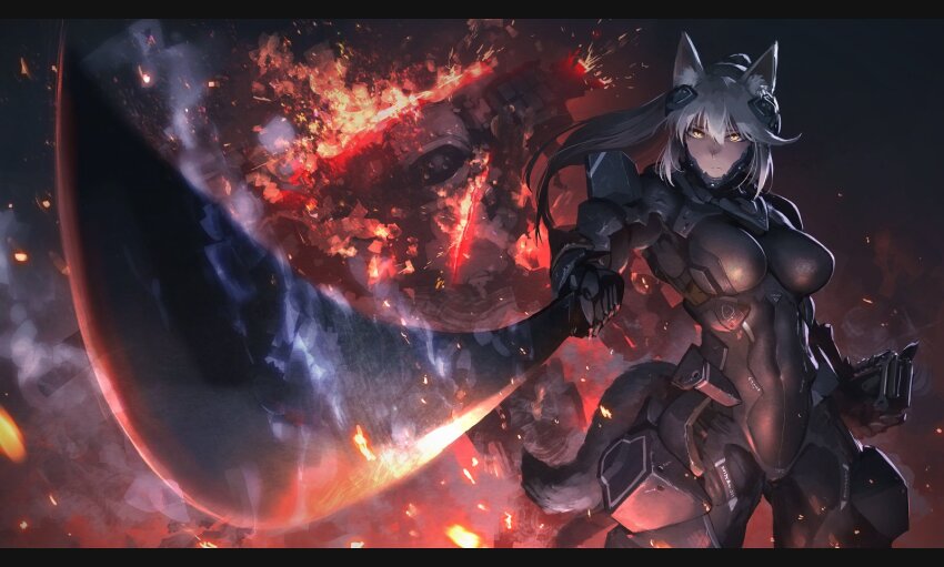 1girl animal_ear_fluff animal_ears armor black_background black_bodysuit bodysuit breasts closed_mouth commission covered_navel cowboy_shot dated_commentary fire grey_hair hetza_(hellshock) highres holding holding_sword holding_weapon long_hair looking_at_viewer medium_breasts original ponytail science_fiction sheath skeb_commission skin_tight smoke solo standing sword tail weapon yellow_eyes