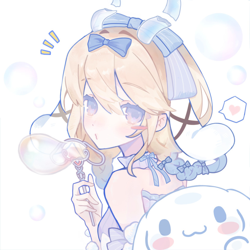 1girl animal_ears bare_shoulders blonde_hair blowing_bubbles blue_bow blue_eyes blue_hair blue_horns blush_stickers bow bow_choker braid broken_horn bubble bubble_wand choker cinnamoroll colored_eyelashes dot_nose dress fense_xiaogou_aihaozhe frilled_choker frills fuwa_fuwa_cinnamoroll gradient_hair grey_dress hair_between_eyes hair_bow heart highres holding holding_wand horns kemonomimi_mode light_blush long_hair looking_at_viewer looking_back loose_hair_strand lop_rabbit_ears multicolored_hair multiple_hair_bows notice_lines o3o pom_pom_(clothes) rabbit_ears sanrio simple_background single_blush_sticker spoken_heart strapless strapless_dress striped_bow twin_braids upper_body wand wangzhe_rongyao white_background white_choker yao_(wangzhe_rongyao)