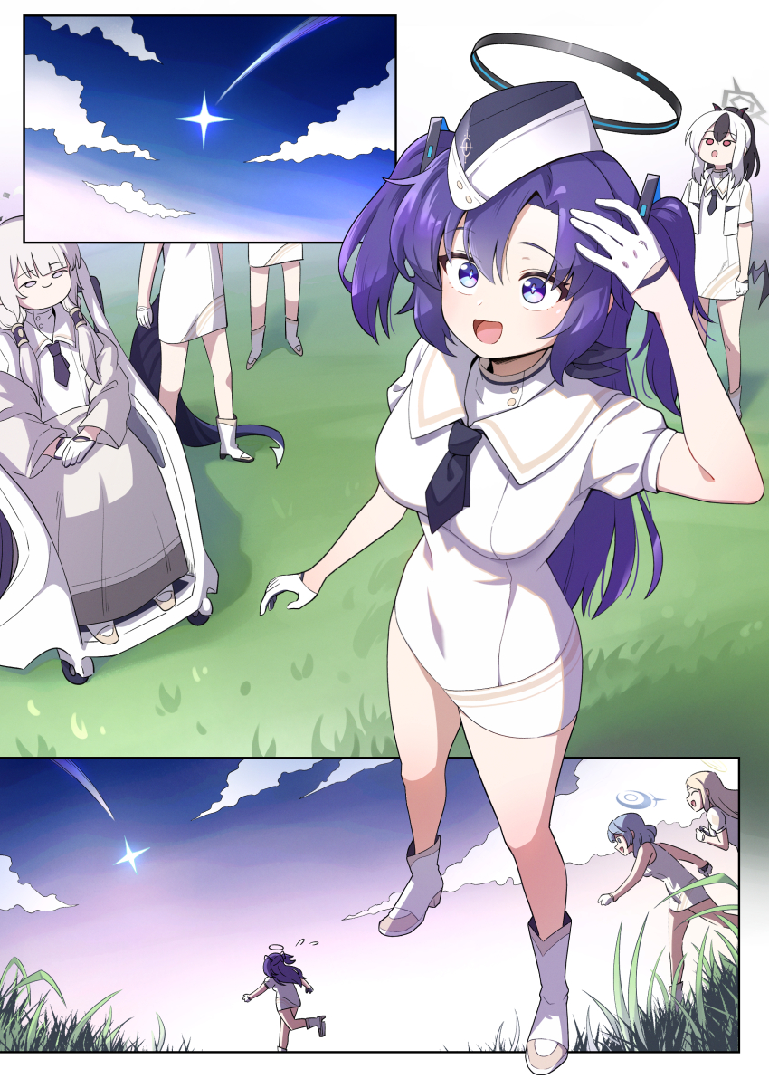 6+boys absurdres ako_(blue_archive) ayumu_(blue_archive) blonde_hair blue_archive dress full_body golmonggu grass halo highres himari_(blue_archive) momoka_(blue_archive) multiple_boys official_alternate_costume powered_wheelchair purple_hair tail twilight utnapishtim_operator_uniform_(blue_archive) wheelchair white_dress white_hair yuuka_(blue_archive)