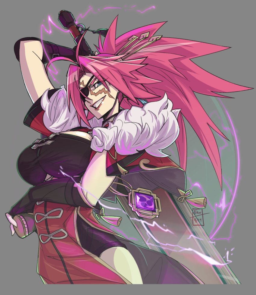 1girl antenna_hair beidou_(genshin_impact) beidou_(genshin_impact)_(cosplay) breasts commission cosplay eyepatch fate/grand_order fate_(series) francis_drake_(fate) francis_drake_(stormy_seas_outfit)_(fate) fur_trim gauntlets genshin_impact grey_background grin highres holding holding_behind_back holding_sword holding_sword_behind_back holding_weapon holding_weapon_behind_back kamuify large_breasts lipstick looking_at_viewer makeup ponytail red_hair scar scar_on_face simple_background smile solo sword upper_body weapon