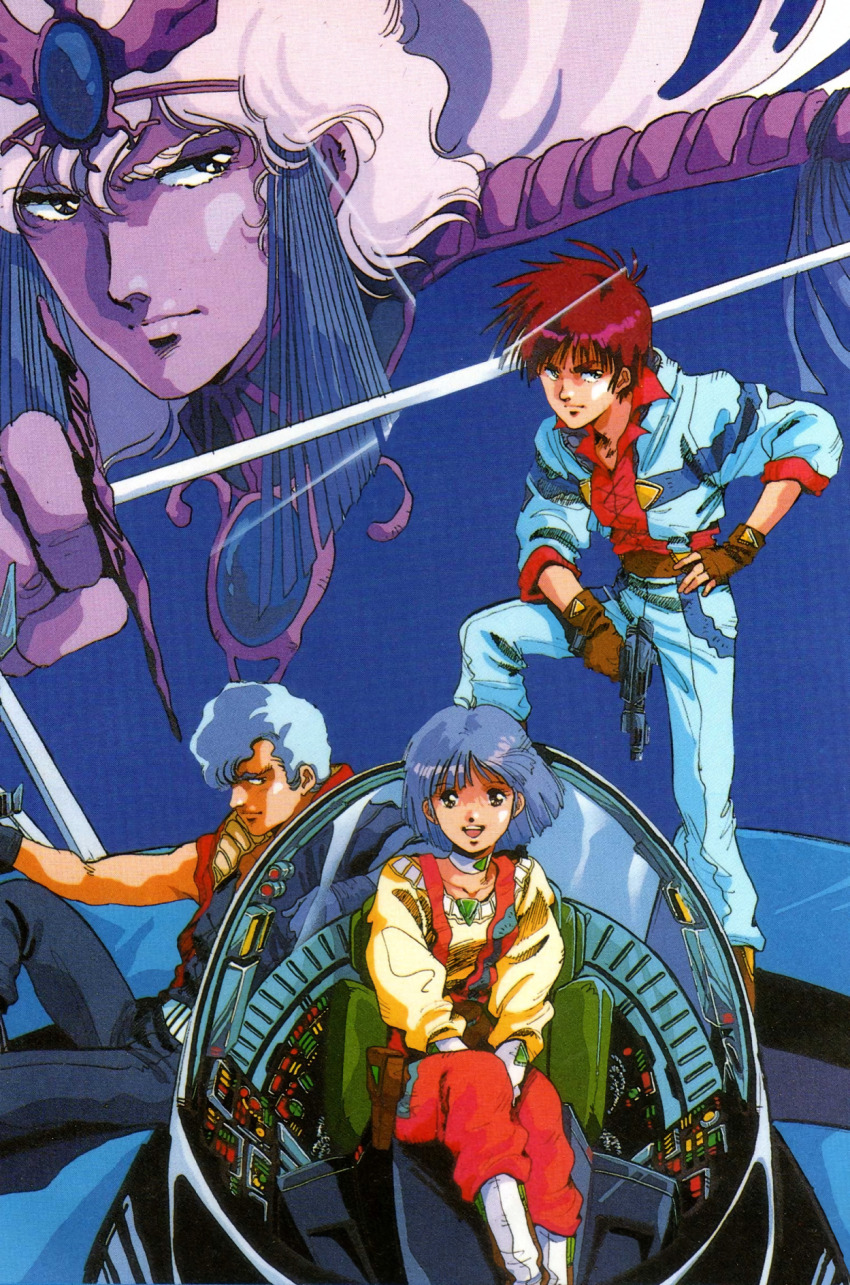 1980s_(style) 1990s_(style) 1girl 3boys blue_hair brown_hair character_request cockpit commentary dan_(salamander) energy_gun english_commentary fingerless_gloves gloves happy highres jacket jewelry looking_at_viewer lord_british machinery magazine_scan mikimoto_haruhiko multiple_boys oldschool pilot_chair promotional_art ray_gun retro_artstyle salamander_(game) scan serious sitting spacecraft starfighter stephanie_mcbain sword traditional_media uniform weapon