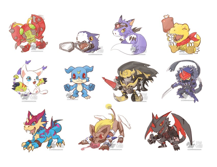 agumon bug darkknightmon digicore_interface digimon digimon_(creature) dorimon dorumon duftmon duftmon_leopard_mode fumamon goggles goggles_on_head highres oridigi original sharp_teeth tailmon teeth tentomon v-mon wings