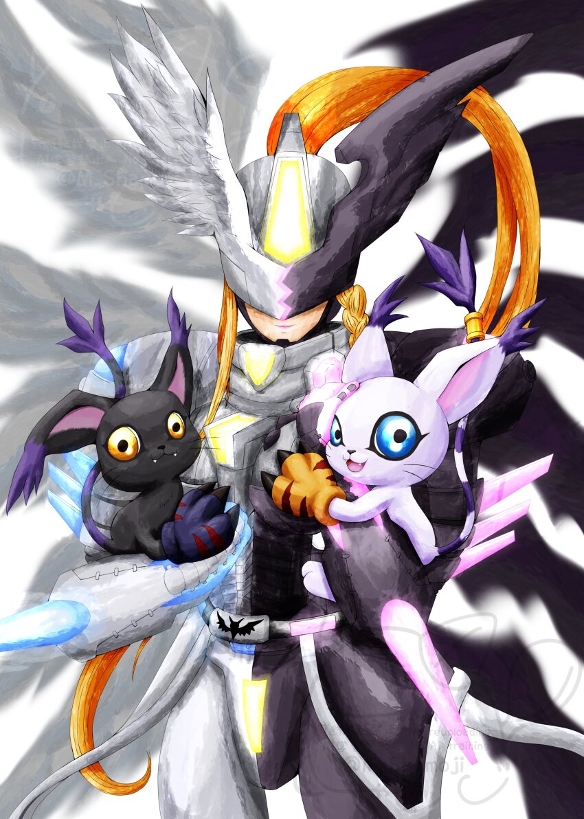 absurdres armor blacktailmon covered_eyes digimon digimon_(creature) fusion high_ponytail highres long_hair mask mastemon ponytail tailmon wings