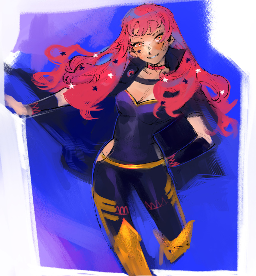 1girl belt bodysuit choker clothing_cutout facial_mark fire_emblem fire_emblem_engage gold_belt hair_ornament highres mochako_(motyako_1005) nintendo pink_choker purple_bodysuit red_eyes red_hair side_cutout star_(symbol) star_facial_mark star_hair_ornament yellow_belt yunaka_(fire_emblem)