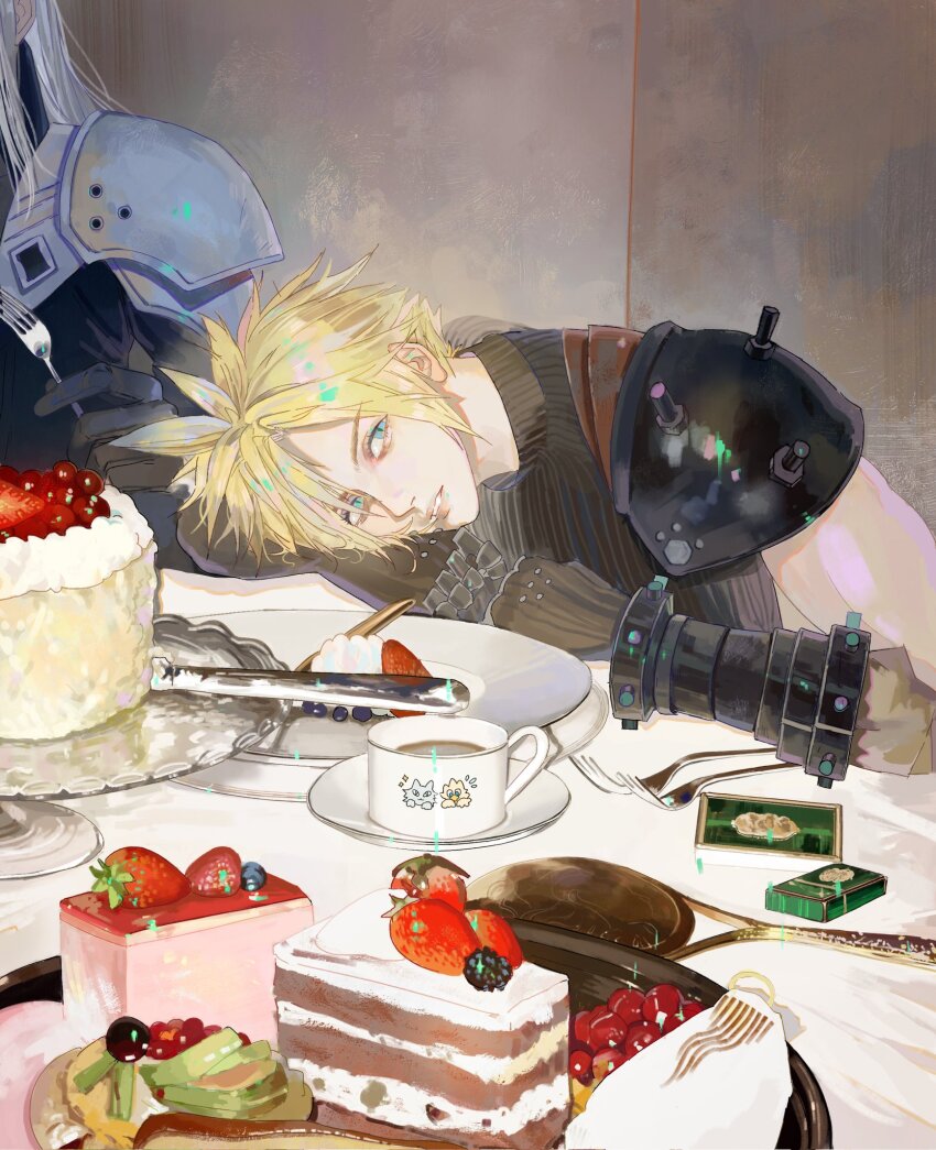 2boys armor black_gloves black_sweater blackberry_(fruit) blonde_hair c1111h cake cake_slice cat cherry chocobo cloud_strife commentary cup elbow_on_table english_commentary final_fantasy final_fantasy_vii final_fantasy_vii_remake food fork fruit gloves green_eyes grey_hair head_on_arm head_on_table highres holding holding_fork indoors leaning_forward long_hair looking_to_the_side looking_up male_focus multiple_boys official_alternate_eye_color parted_lips pauldrons plate sephiroth short_hair shoulder_armor sleeveless sleeveless_sweater sleeveless_turtleneck slit_pupils spiked_hair strawberry sweater teacup toned toned_male turtleneck turtleneck_sweater upper_body