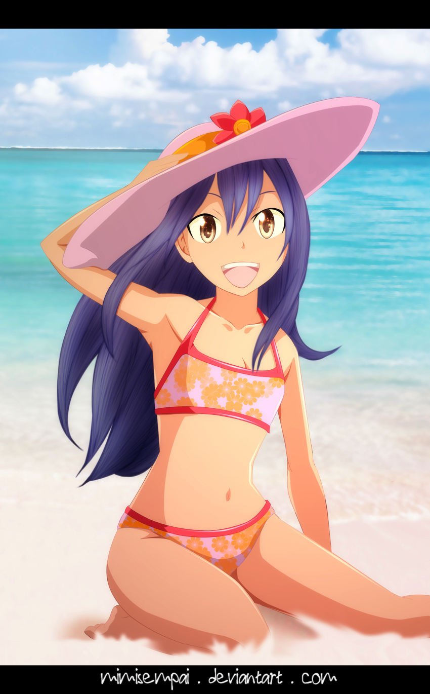 1girl absurdres adjusting_clothes adjusting_headwear arched_soles arm_above_head arm_at_side arm_up armpits artist_name barefoot beach bikini blue_hair brown_eyes child collarbone day deviantart_username eyelashes fairy_tail female_focus fingernails flat_chest floral_print flower_ornament full_body hair_between_eyes happy hat highres legs long_hair looking_at_viewer mashima_hiro midriff navel neck ocean open_mouth outdoors outstretched_arms pink_bikini print_bikini recolor reference_work side_bangs sidelocks sky smile soles spread_arms spread_legs straight_hair summer sun_hat swimsuit thighs toenails toes wendy_marvell