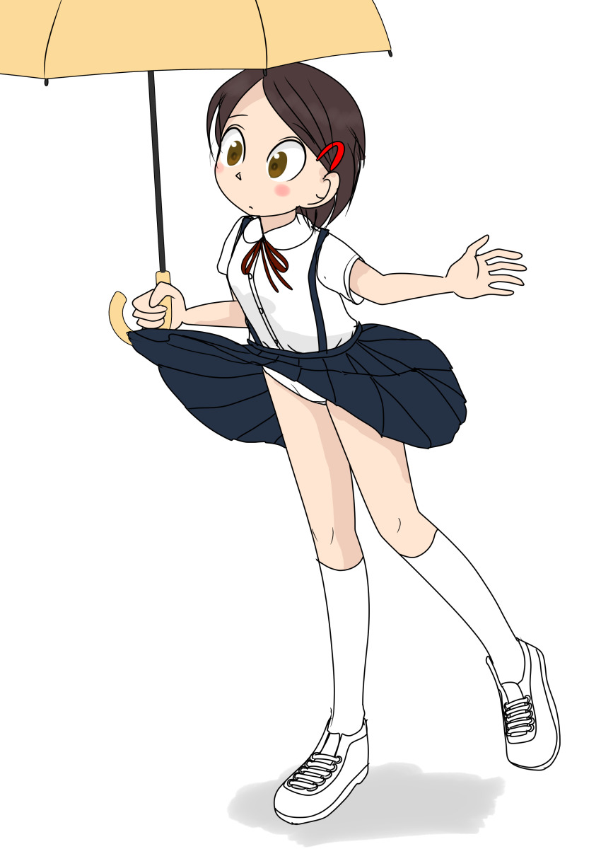 1girl absurdres black_skirt blush breasts brown_eyes brown_hair crotch_seam hair_ornament hairclip highres holding holding_umbrella kneehighs leaning_forward loli looking_down neck_ribbon original panties red_ribbon ribbon school_uniform sexless2012 shirt shoes short_hair short_sleeves skirt small_breasts sneakers socks standing standing_on_one_leg suspender_skirt suspenders umbrella underwear white_background white_panties white_shirt white_shoes white_socks wind wind_lift