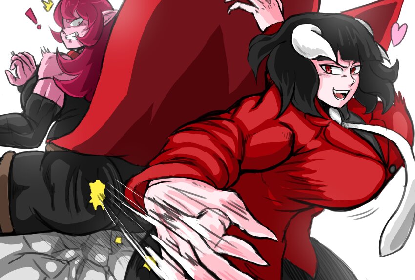 2girls absurdres angry ass black_pants breasts charge_sol colored_skin commission demon_girl formal_clothes highres horns multiple_girls necktie no_humans pants pink_skin red_eyes red_hair red_suit slapping smile suit surprised white_horns white_necktie
