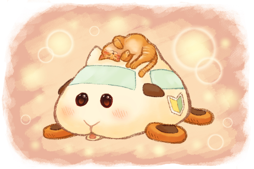 abbey_(pui_pui_molcar) animal animal_on_head blurry blush cat cat_on_head chappy_(pui_pui_molcar) commentary_request depth_of_field guinea_pig hikita_reo lying molcar motor_vehicle no_humans on_head open_mouth orange_cat pui_pui_molcar shoshinsha_mark solo_focus wheel