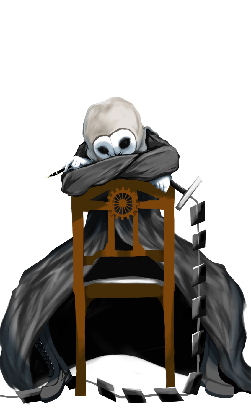 1boy absurdres animal_head black_souls black_souls_2 boots crossed_arms grey_cloak head_rest highres holding holding_pen holding_whip lace-up_boots lorde_(black_souls) on_chair owl_boy pen scrapiron2800 sitting sitting_backwards white_background