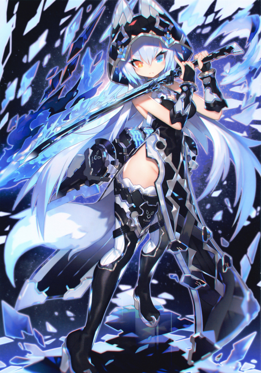 1girl absurdres animal_ears animal_hood arms_up bare_shoulders black_boots black_dress blue_eyes blue_hair boots breasts bridal_gauntlets brown_eyes closed_mouth dress female_focus fox_ears fox_girl fox_hood fox_tail hair_between_eyes head_tilt heterochromia high_heel_boots high_heels highres holding holding_sword holding_weapon hood hood_up huge_filesize index_finger_raised large_breasts looking_at_viewer mamuru no_panties original pelvic_curtain scan sleeveless sleeveless_dress solo standing sword tail thigh_boots thighhighs weapon