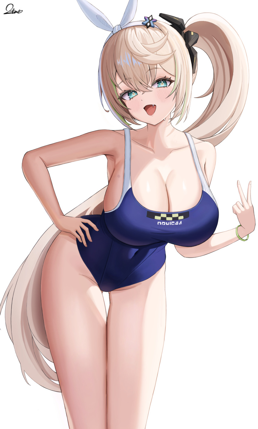 1girl :d absurdres bent_over blonde_hair blue_eyes blue_one-piece_swimsuit breasts covered_navel fang girls&#039;_frontline girls&#039;_frontline_2:_exilium green_hair hair_between_eyes hair_ribbon hairband hand_on_own_hip hand_up highres hip_focus large_breasts long_hair multicolored_hair one-piece_swimsuit open_mouth ribbon sharkry_(girls&#039;_frontline_2) sharkry_(swimsuit_idol)_(girls&#039;_frontline_2) side_ponytail skin_tight smile solo standing star-shaped_pupils star_(symbol) streaked_hair swimsuit symbol-shaped_pupils thigh_gap thighs twootax v very_long_hair white_hairband white_ribbon