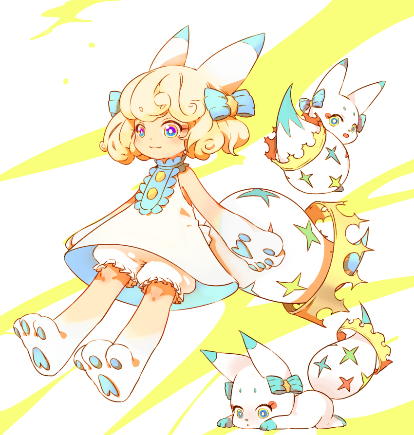 1girl :3 animal_ears animal_hands blonde_hair bloomers blue_bow bow bright_pupils child creature_and_personification crown dress fermium.ice full_body hair_bow highres looking_back looking_to_the_side multicolored_eyes open_mouth pawpads personification short_hair tail tail_crown tama_(world_of_final_fantasy) underwear white_dress world_of_final_fantasy