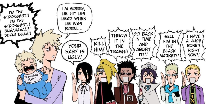 baby bakugou_katsuki bakugou_mitsuki bambietta_basterbine bleach bleach:_sennen_kessen-hen boku_no_hero_academia chainsaw_man crossover crying deidara_(naruto) gem_(one_piece) genthru hat hunter_x_hunter jojo_no_kimyou_na_bouken kira_yoshikage midoriya_izuku mother_and_son multiple_boys multiple_crossover multiple_girls naruto_(series) naruto_shippuuden non-web_source one_piece quincy_(bleach) reze_(chainsaw_man) sternritter white_background wide_mouth