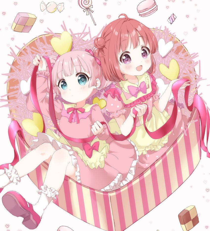 2girls :d akaza_akari apron blush bow bowtie candy closed_mouth collared_dress cookie double_bun dress food frilled_dress frilled_shirt_collar frilled_sleeves frills green_eyes hair_bun hashtag-only_commentary highres holding holding_ribbon lollipop long_sleeves looking_at_viewer mearian multiple_girls open_mouth pink_bow pink_bowtie pink_dress pink_hair pink_ribbon pink_shoes puffy_short_sleeves puffy_sleeves purple_eyes red_hair ribbon shoes short_hair short_sleeves smile socks swirl_lollipop twintails waist_apron white_socks yellow_apron yoshikawa_chinatsu yuruyuri