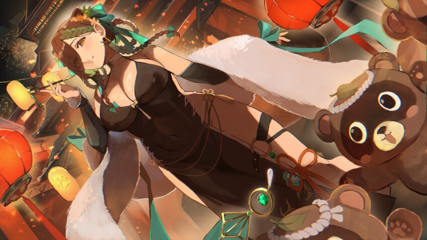 1girl animal_ears black_dress breasts brown_hair brown_tail cleavage closed_mouth commentary_request commission dress green_ribbon hair_ornament highres holding holding_smoking_pipe honda_poko indie_virtual_youtuber kiseru large_breasts long_hair looking_at_viewer o-ring raccoon_ears raccoon_girl raccoon_tail ribbon skeb_commission smoking_pipe solo tail thighs tomochi_(tmc_tmc8) virtual_youtuber yellow_eyes