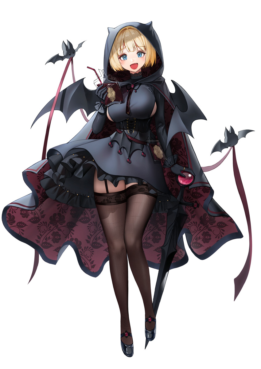 1girl bag bat_(animal) bat_wings black_cloak black_dress black_footwear black_gloves blonde_hair blood blood_bag breasts brown_dust_(series) brown_dust_2 brown_thighhighs cloak demon_horns dress drinking_straw fang floral_print full_body garter_belt gloves holding holding_bag holding_sword holding_weapon hood hooded_cloak horns jewelry justia_(brown_dust) large_breasts makeup mellozzo open_mouth ring short_hair small_horns smile solo sword thighhighs weapon wings