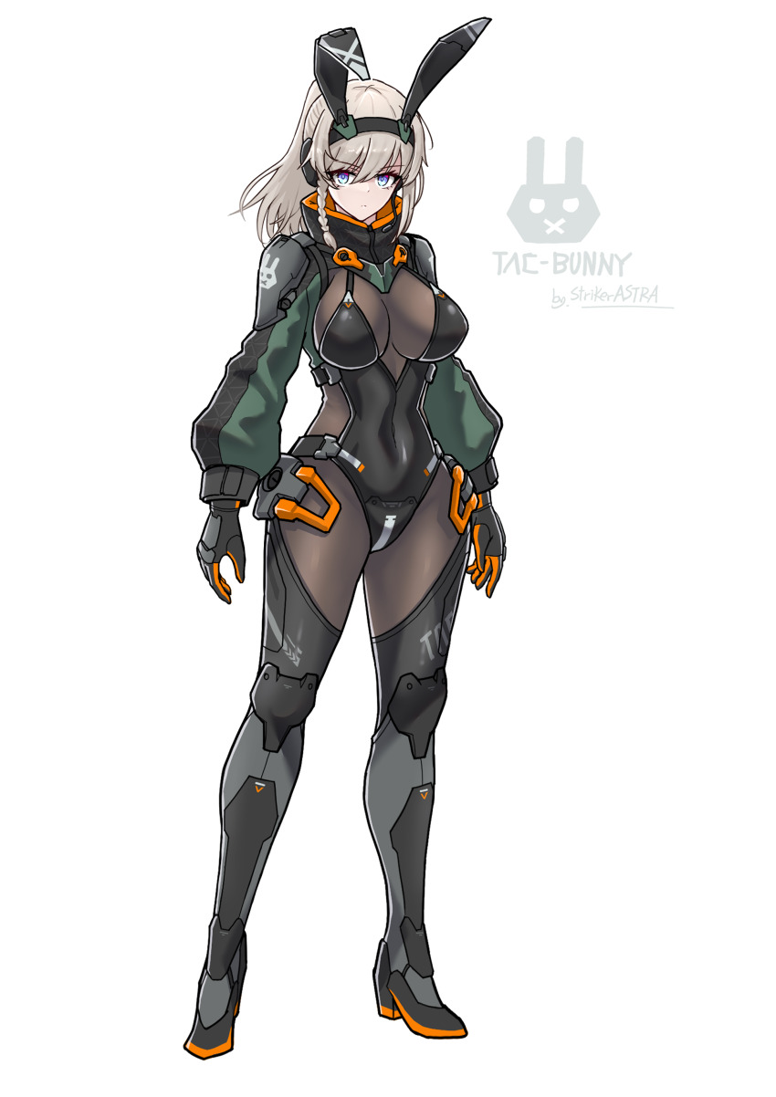 1girl absurdres animal_ears arms_at_sides black_gloves black_leotard blonde_hair blue_eyes breasts covered_navel fake_animal_ears full_body gloves green_shrug headset highres large_breasts leotard looking_at_viewer nontraditional_playboy_bunny original playboy_bunny ponytail rabbit_ears sherman_(egnk2525) shrug_(clothing) solo standing thighhighs white_background