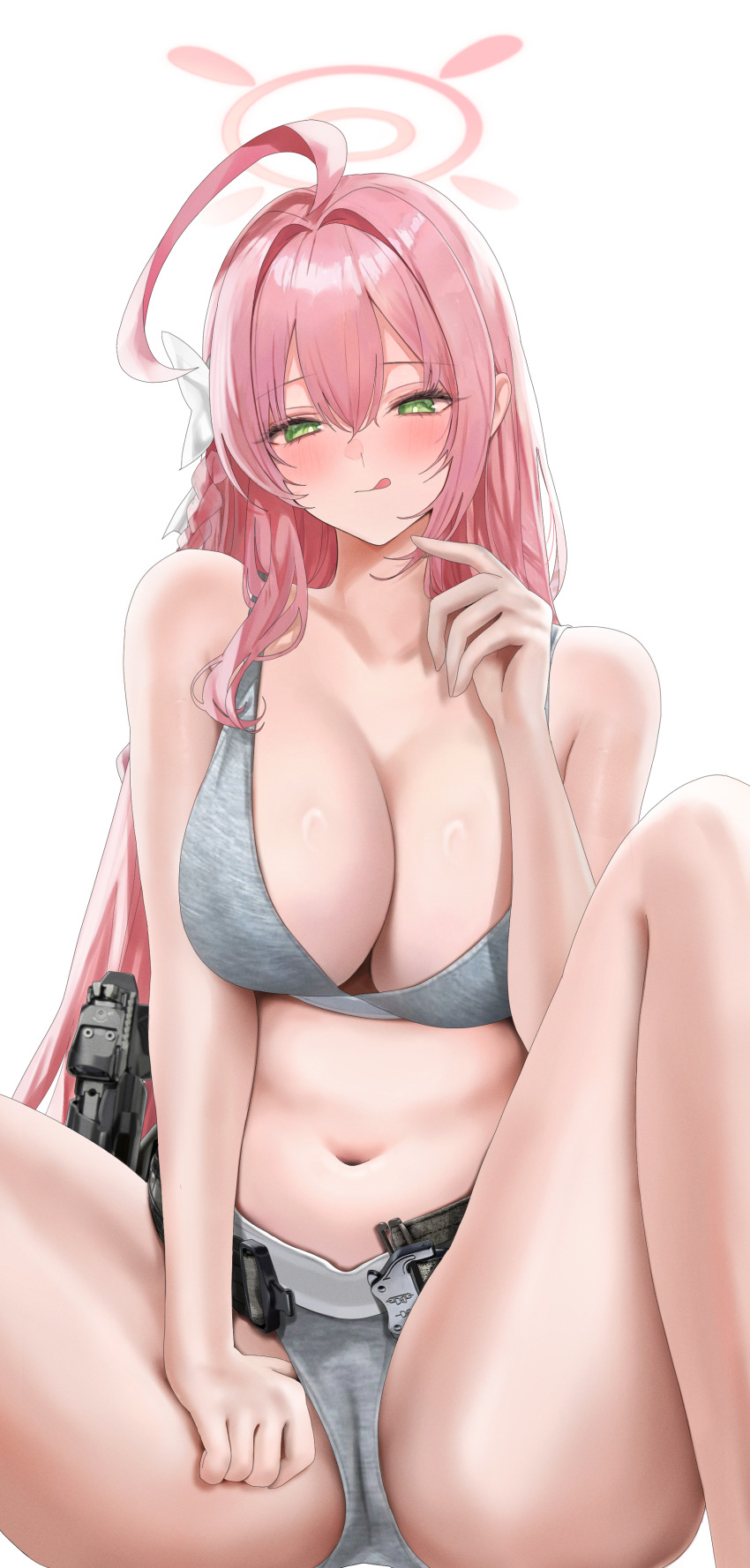 1girl :q absurdres ahoge blue_archive blush bow bra breasts cameltoe cleavage commentary fte_(fifteen_199) green_eyes grey_bra grey_panties gun hair_bow halo hanako_(blue_archive) hand_up highres holster large_breasts long_hair looking_at_viewer navel panties pink_hair pink_halo simple_background sitting stomach tongue tongue_out underwear very_long_hair weapon white_background white_bow