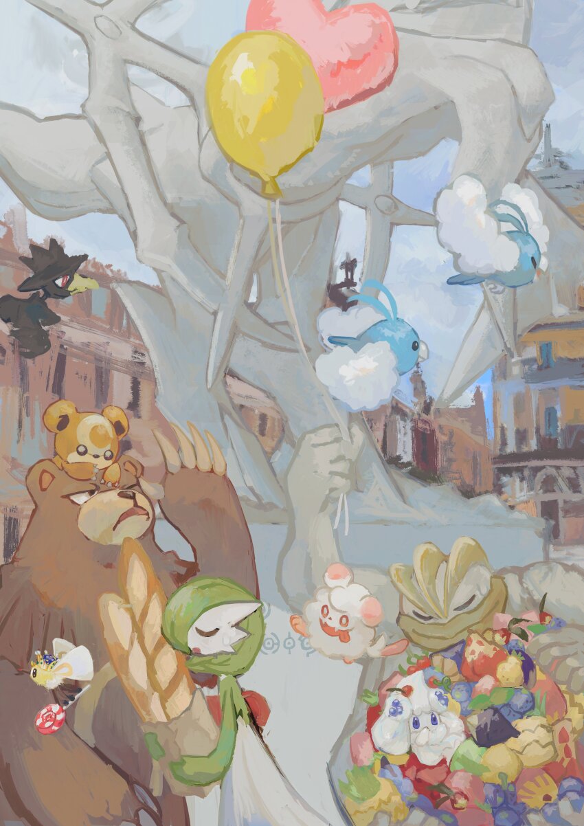 absurdres alcremie aomidori_iro arceus baguette balloon berry_(pokemon) bread brown_fur candy claws closed_eyes crown cutiefly dress food gardevoir gen_1_pokemon gen_2_pokemon gen_3_pokemon gen_4_pokemon gen_6_pokemon gen_7_pokemon gen_8_pokemon green_hair highres holding holding_balloon holding_candy holding_food holding_lollipop iapapa_berry legendary_pokemon lollipop machamp murkrow mythical_pokemon nintendo on_head pokemon pokemon_(creature) smile statue swablu swirlix teddiursa town unownglyphics ursaring white_dress