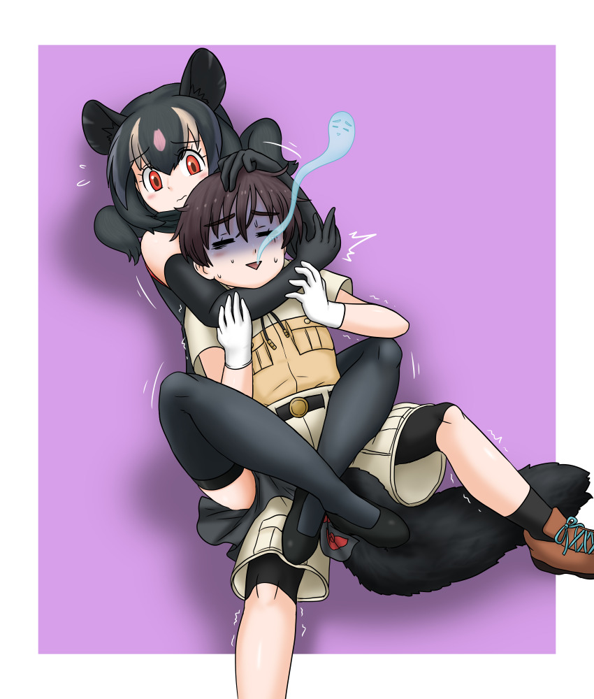 1boy 1girl adansosutega aye-aye_(kemono_friends) captain_(kemono_friends) choke_hold femdom highres kemono_friends kemono_friends_3 leg_lock strangling
