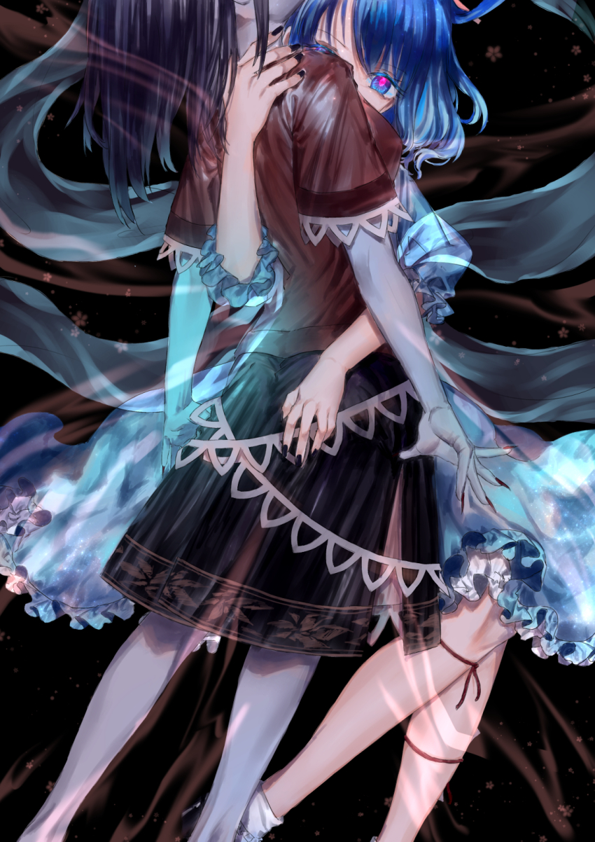 2girls ama_asagi ass_grab black_background black_hair black_nails black_skirt blue_dress blue_eyes blue_hair breasts colored_eyelashes dress feet_out_of_frame fingernails glowing hair_rings head_out_of_frame highres hug kaku_seiga long_hair looking_at_viewer medium_breasts miyako_yoshika multiple_girls nail_polish puffy_short_sleeves puffy_sleeves red_shirt sharp_fingernails shawl shirt short_hair short_sleeves skirt socks touhou white_legwear