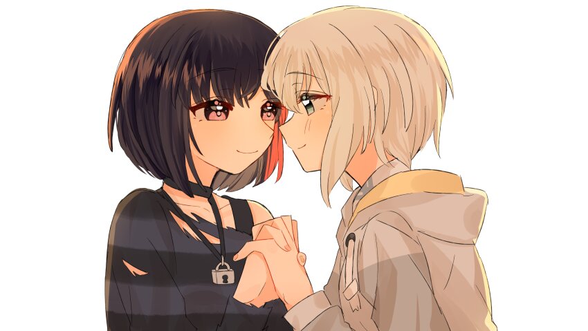 2girls absurdres aoba_moca bang_dream! black_hair black_shirt blush closed_mouth commentary eye_contact grey_hoodie highres holding_hands hood hoodie interlocked_fingers lock_necklace looking_at_another misawa_yuka mitake_ran multiple_girls pink_eyes red_eyes shirt short_hair simple_background smile symbol-only_commentary torn_clothes torn_shirt upper_body white_background white_hair yuri