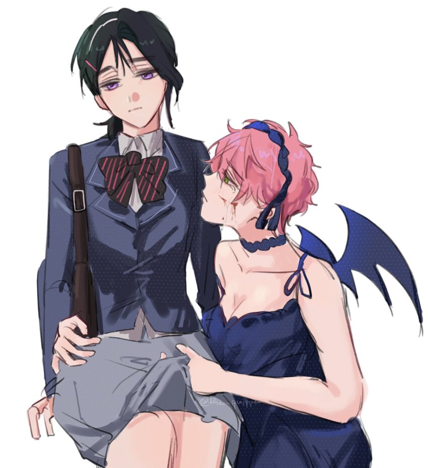 2girls alien_stage arm_around_waist bag black_choker black_dress black_hair black_headdress black_wings blazer blood blood_on_face blue_jacket choker collared_shirt commentary demon_wings dress english_commentary green_eyes grey_skirt highres jacket low_ponytail mizi_(alien_stage) multiple_girls official_alternate_costume pink_hair ponytail purple_eyes school_uniform shirt short_hair shoulder_bag sitting skirt sleeveless sleeveless_dress sua_(alien_stage) the_quipper very_short_hair white_shirt wings