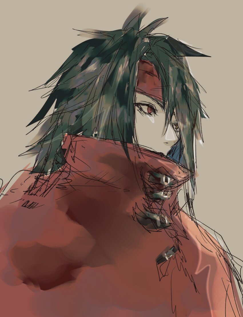 1boy black_hair brown_background cloak commentary_request covered_mouth eyelashes final_fantasy final_fantasy_vii headband highres kanoe_k long_hair looking_ahead male_focus red_cloak red_eyes red_headband simple_background sketch solo upper_body vincent_valentine