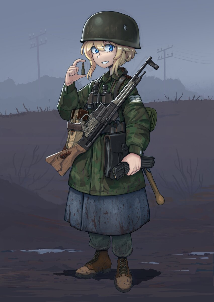1girl absurdres assault_rifle binoculars blonde_hair blue_eyes boots brown_boots bullet camouflage camouflage_jacket combat_helmet erica_(naze1940) german_army grin gun helmet highres holding holding_bullet holding_magazine_(weapon) jacket long_sleeves looking_at_viewer magazine_(weapon) mud original outdoors rifle short_hair smile solo stahlhelm stg44 weapon world_war_ii