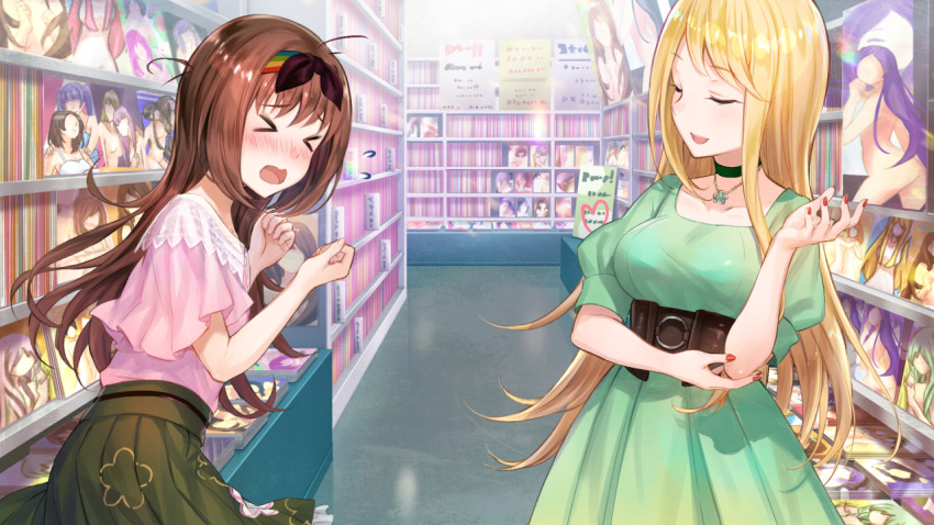 3girls :d blonde_hair blush breasts brown_hair closed_eyes cowboy_shot dress floral_print flying_sweatdrops fuzichoco game_cg green_dress green_skirt headband indoors large_breasts long_hair loose_hair_strand multiple_girls non-web_source nose_blush official_art open_mouth otori_ai pink_shirt pleated_skirt pornography print_skirt puffy_short_sleeves puffy_sleeves shirt shop short_sleeves skirt smile standing straight_hair tachibana_nana u_u yumeutsutsu_re:master yuri_(object)