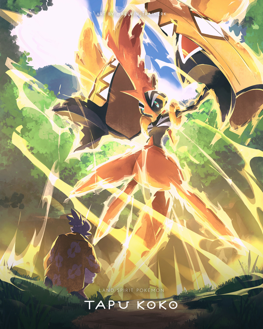 1boy capri_pants character_name commentary copyright_name day dirt electricity english_commentary gen_7_pokemon glowing grass grey_hair hala_(pokemon) highres kelvin-trainerk legendary_pokemon male_focus nintendo outdoors pants pokemon pokemon_(creature) pokemon_sm shirt shoes sky tapu_koko tree twitter_username white_pants yellow_shirt