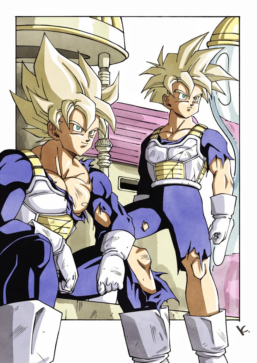 2boys blonde_hair blue_bodysuit bodysuit border dragon_ball dragonball_z father_and_son green_eyes highres hyperbolic_time_chamber kakeru_(dbskakeru) male_focus medium_hair multiple_boys muscular muscular_male outside_border saiyan_armor sitting son_gohan son_goku spiked_hair standing super_saiyan torn_bodysuit torn_clothes white_border