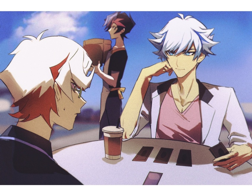 3boys alternate_costume apron bad_id bad_lofter_id black_hair black_jacket blue_eyes blue_hair blue_sky bright_pupils card card_game carrying cloud cloudy_sky coffee collared_jacket cup day disposable_coffee_cup disposable_cup drinking_straw earrings elbow_rest expressionless from_behind from_side fujiki_yusaku glasses green-framed_eyewear grey_hair hand_on_own_face hands_up highres holding holding_card homura_takeru jacket jewelry kogami_ryoken light_smile male_focus multicolored_hair multiple_boys naoki_(2rzmcaizerails6) open_clothes open_jacket outdoors pink_hair pink_shirt playing_card red_hair serious shirt short_hair sitting sky spiked_hair stud_earrings sweatdrop table trading_card upper_body v-neck walking white_jacket yu-gi-oh! yu-gi-oh!_vrains