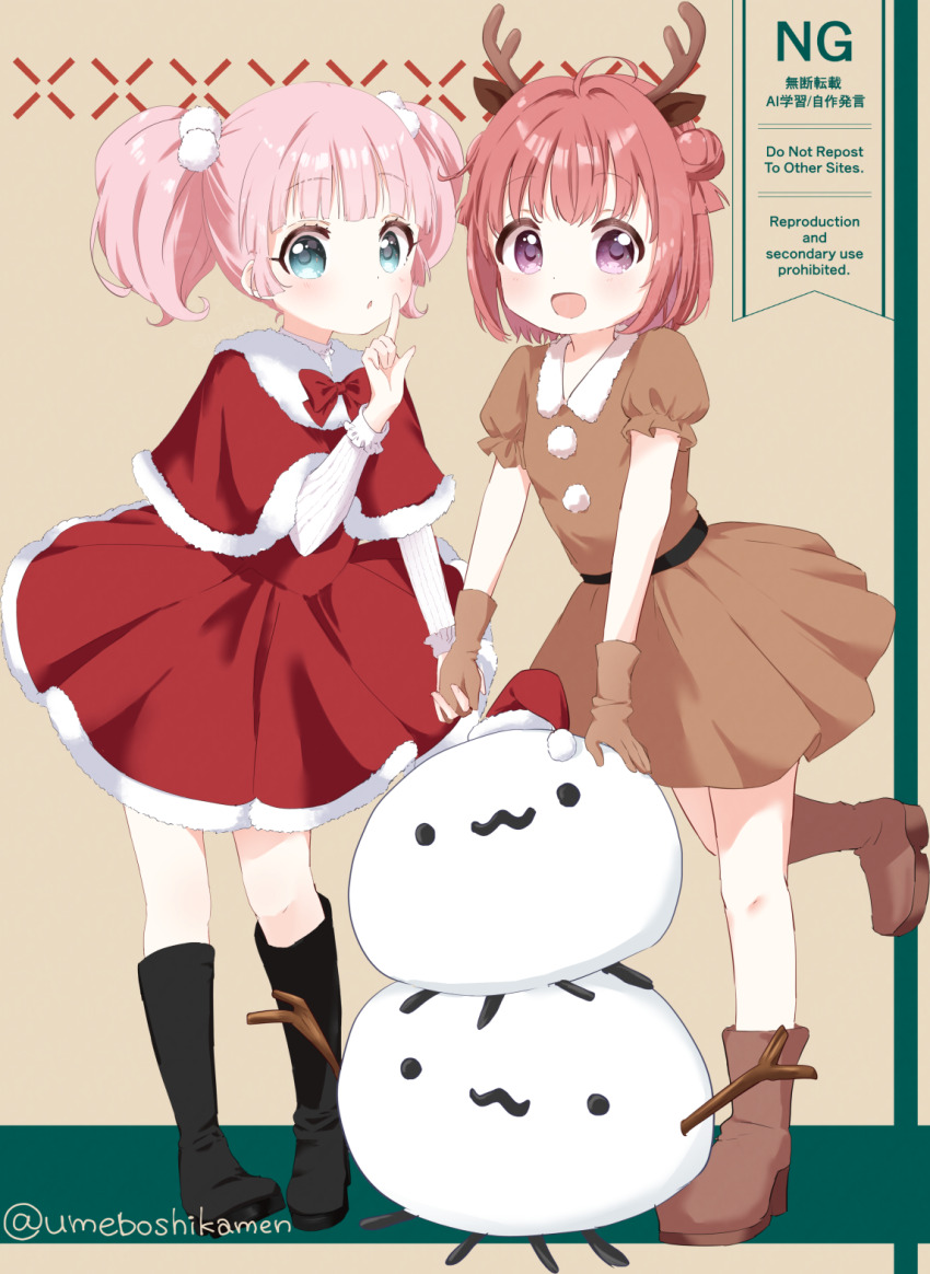 2girls :d akaza_akari antlers black_boots blush boots bow bowtie brown_boots brown_dress brown_gloves capelet child commentary_request deer_antlers double_bun dress full_body fur-trimmed_capelet fur-trimmed_dress fur_trim gloves green_eyes hair_bobbles hair_bun hair_ornament hand_up hat highres horns index_finger_raised long_sleeves looking_at_viewer mearian multiple_girls open_mouth pink_hair pom_pom_(clothes) puffy_short_sleeves puffy_sleeves purple_eyes red_bow red_bowtie red_capelet red_dress red_hair santa_hat short_hair short_sleeves smile snowman standing standing_on_one_leg twintails twitter_username watermark yoshikawa_chinatsu yuruyuri