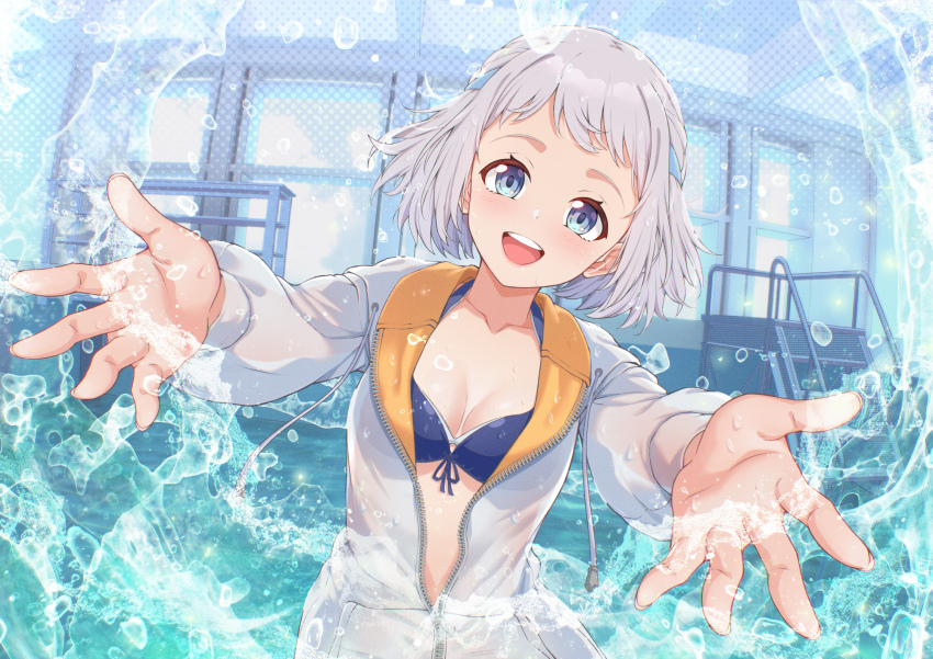 1girl agiri_(agiri_box) bikini bikini_under_clothes blue_bikini blue_eyes blush breasts cleavage collarbone front-tie_bikini_top front-tie_top gakuen_idolmaster grey_hair head_tilt highres idolmaster jacket jacket_over_swimsuit katsuragi_lilja kimi_to_semi_blue_(idolmaster) looking_at_viewer medium_breasts partially_unzipped smile solo splashing swimsuit teeth two-sided_fabric two-sided_jacket upper_body upper_teeth_only white_jacket