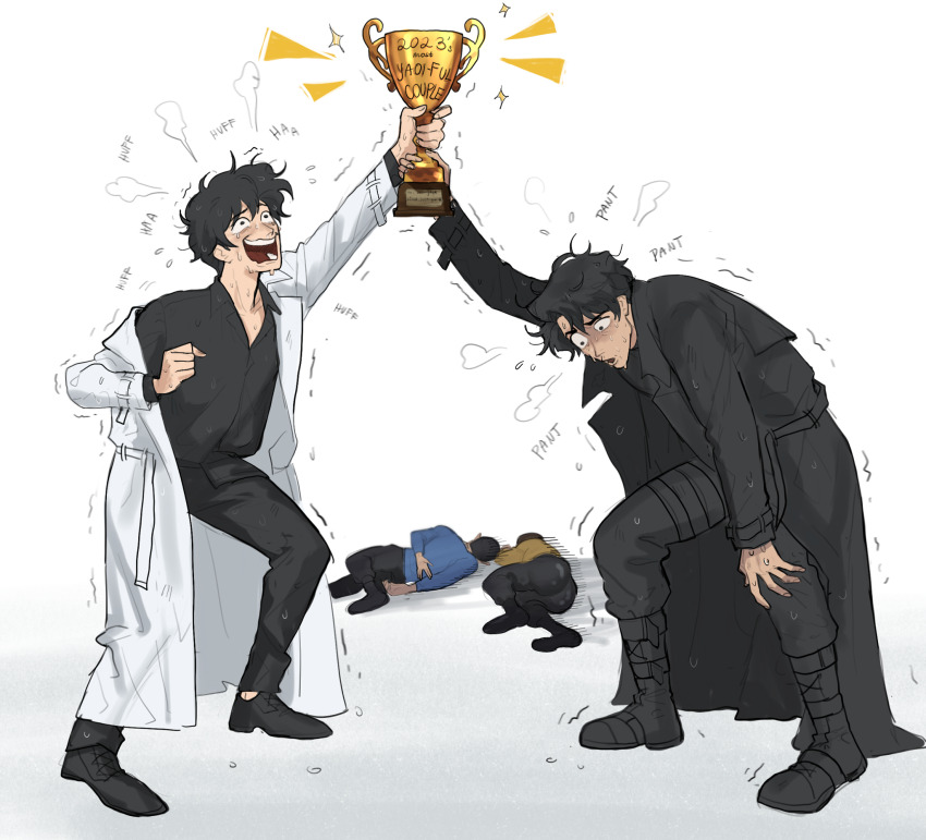 4boys black_coat black_footwear black_hair black_pants black_shirt blush boots coat collared_shirt commentary english_commentary family_guy_death_pose_(meme) full_body heavy_breathing highres holding holding_trophy james_tiberius_kirk kim_dokja long_sleeves male_focus meme multiple_boys nervous_sweating omniscient_reader&#039;s_viewpoint open_clothes open_coat open_mouth pants shirt shoes short_hair shweezyliz simple_background spock standing star_trek star_trek:_the_original_series sweat trophy white_background white_coat yamcha_pose_(meme) yoo_joonghyuk