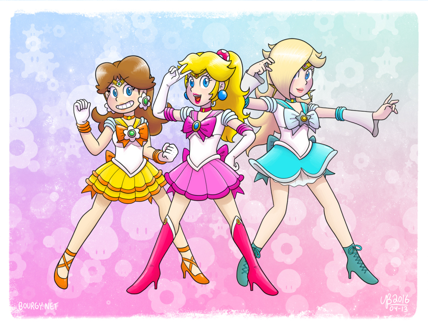 3girls bishoujo_senshi_sailor_moon blonde_hair blue_choker blue_eyes blue_footwear blue_sailor_collar blue_skirt boots bow bowtie brown_hair choker circlet commentary commission crossover dated detached_sleeves earrings elbow_gloves english_commentary flipped_hair full_body gloves hair_over_one_eye high_heels high_ponytail jewelry knee_boots long_hair looking_at_viewer magical_girl mario_(series) multiple_girls nintendo one_eye_covered orange_bow orange_bowtie orange_choker orange_sailor_collar orange_shoes parody pink_boots pink_bow pink_bowtie pink_sailor_collar pink_skirt ponytail princess_daisy princess_peach red_choker rosalina sailor_collar sailor_senshi shoes signature skirt standing teeth thebourgyman v white_bow white_bowtie white_gloves yellow_skirt