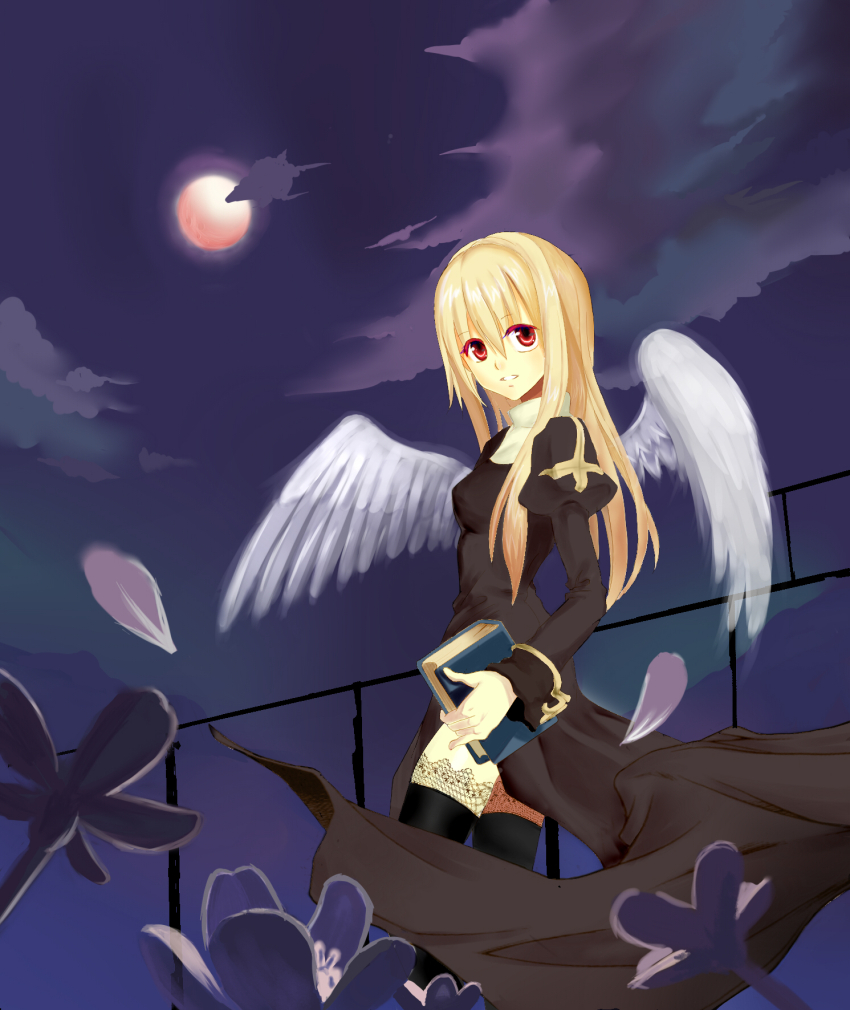 1girl black_dress black_thighhighs blonde_hair book breasts cloud commentary cowboy_shot dress feathered_wings flower full_moon highres holding holding_book juliet_sleeves kekeroo lace lace-trimmed_thighhighs lace_trim long_hair long_sleeves looking_at_viewer looking_to_the_side medium_breasts moon night outdoors petals pink_moon priest_(ragnarok_online) puffy_sleeves purple_flower purple_sky ragnarok_online red_eyes side_slit sky solo thighhighs white_wings wings