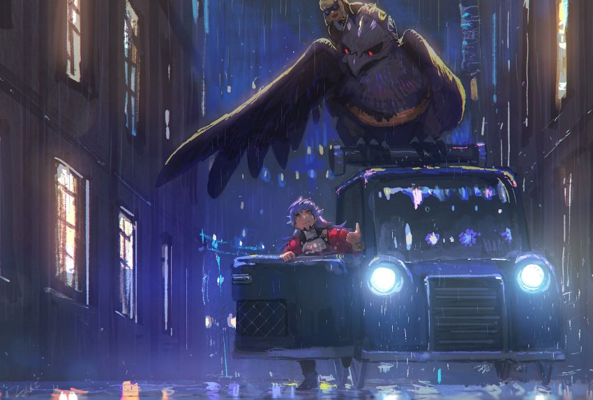 2boys ascot black_footwear boots brown_jacket building buttons cabbie_(pokemon) commentary_request corviknight dark-skinned_male dark_skin facial_hair gen_8_pokemon goggles jacket leon_(pokemon) light long_hair looking_up male_focus multiple_boys night nintendo outdoors pokemon pokemon_(creature) pokemon_swsh purple_hair rain reflection riding riding_pokemon tailcoat taxi vehicle_focus white_ascot window yellow_eyes zukki_(suzukio)