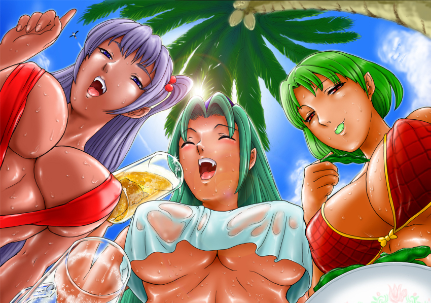 4girls alcohol bad_id bad_pixiv_id beer breasts eating fangs from_below hayachine huge_breasts kazami_yuuka large_breasts mima_(touhou) mouth_hold multiple_girls mystic_square shameimaru_aya shinki_(touhou) shirt slingshot_swimsuit sweat swimsuit touhou touhou_(pc-98) underboob unzan wet wet_clothes wet_shirt when_you_see_it